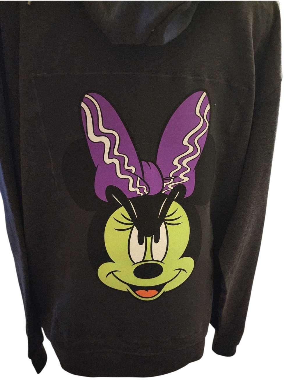 OOAK Graphic Minnie Mouse Moody Hoodie Black with Purple & Lime Print Upcycled